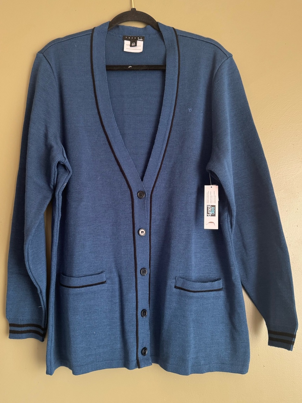 Women's Blue V-Neck Button Cardigan with Contrast Trim